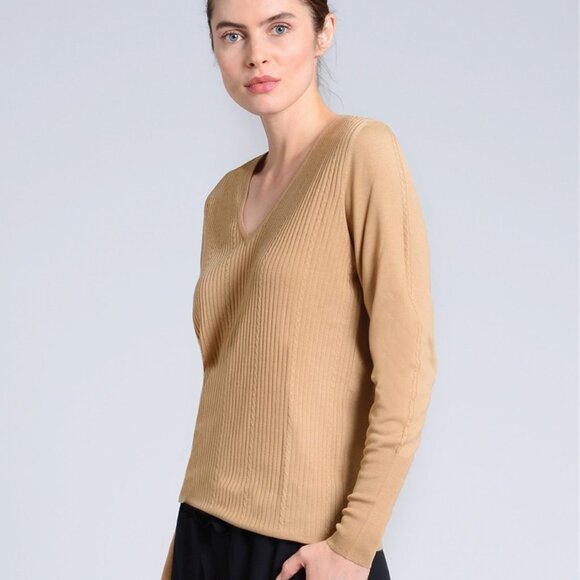 Corneau Et Filles Sz‎ M Camel Brown V-Neck Sweater 100% Italian Merino Wool - Picture 1 of 13